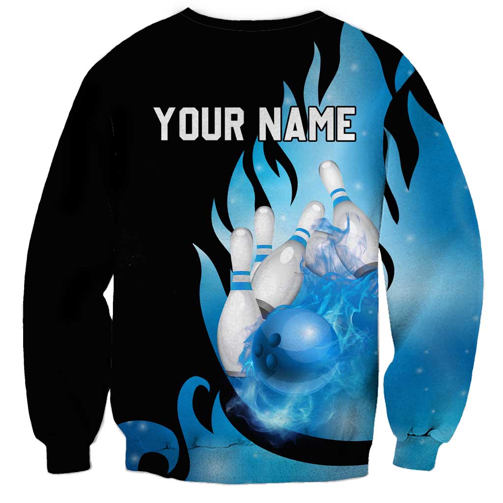 Blue Flame Bowling Ball and Pins Design Sweatshirt with Smoke Effects and Custom Team Name Text - Wonder Print Shop