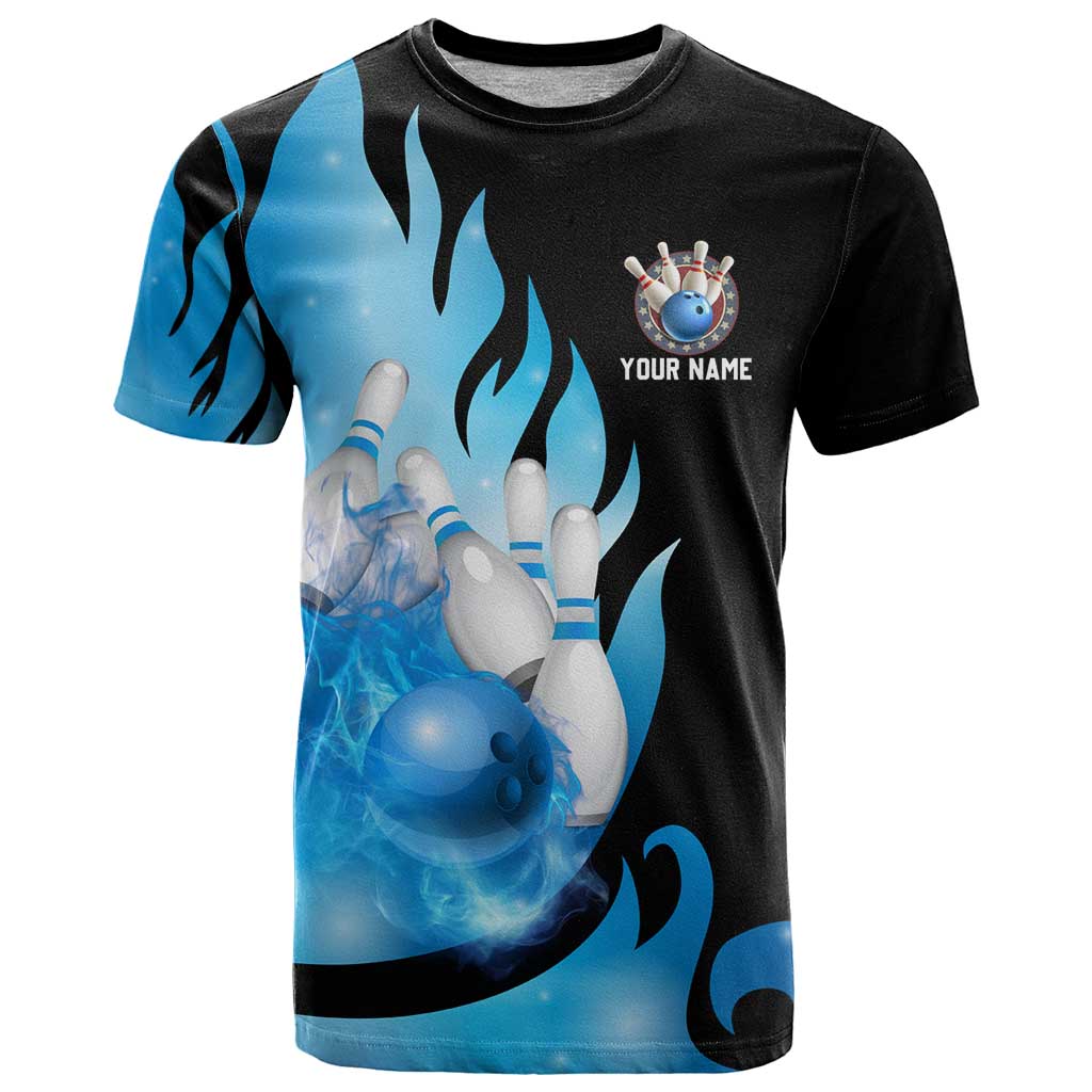 Blue Flame Bowling Ball and Pins Design T Shirt with Smoke Effects and Custom Team Name Text - Wonder Print Shop
