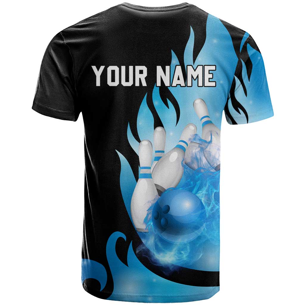 Blue Flame Bowling Ball and Pins Design T Shirt with Smoke Effects and Custom Team Name Text - Wonder Print Shop