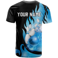 Blue Flame Bowling Ball and Pins Design T Shirt with Smoke Effects and Custom Team Name Text - Wonder Print Shop