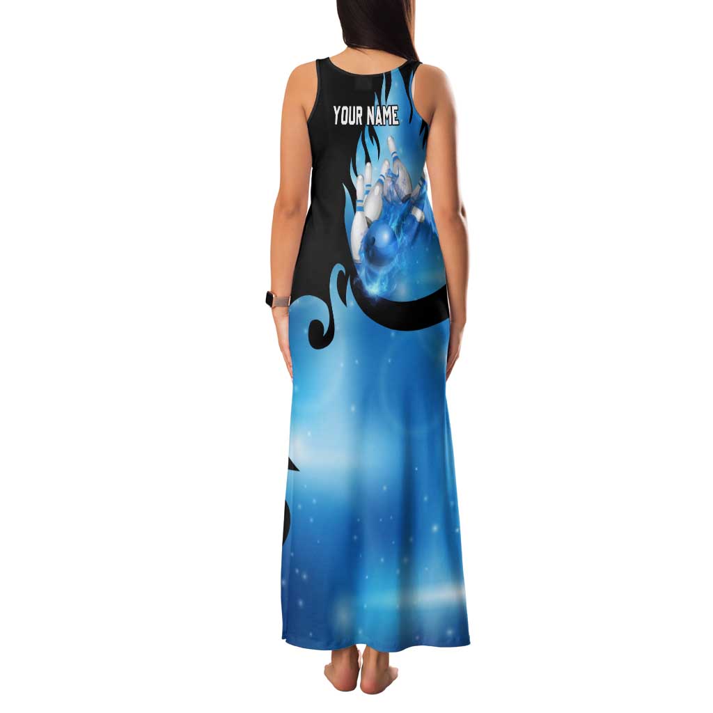 Blue Flame Bowling Ball and Pins Design Tank Maxi Dress with Smoke Effects and Custom Team Name Text - Wonder Print Shop