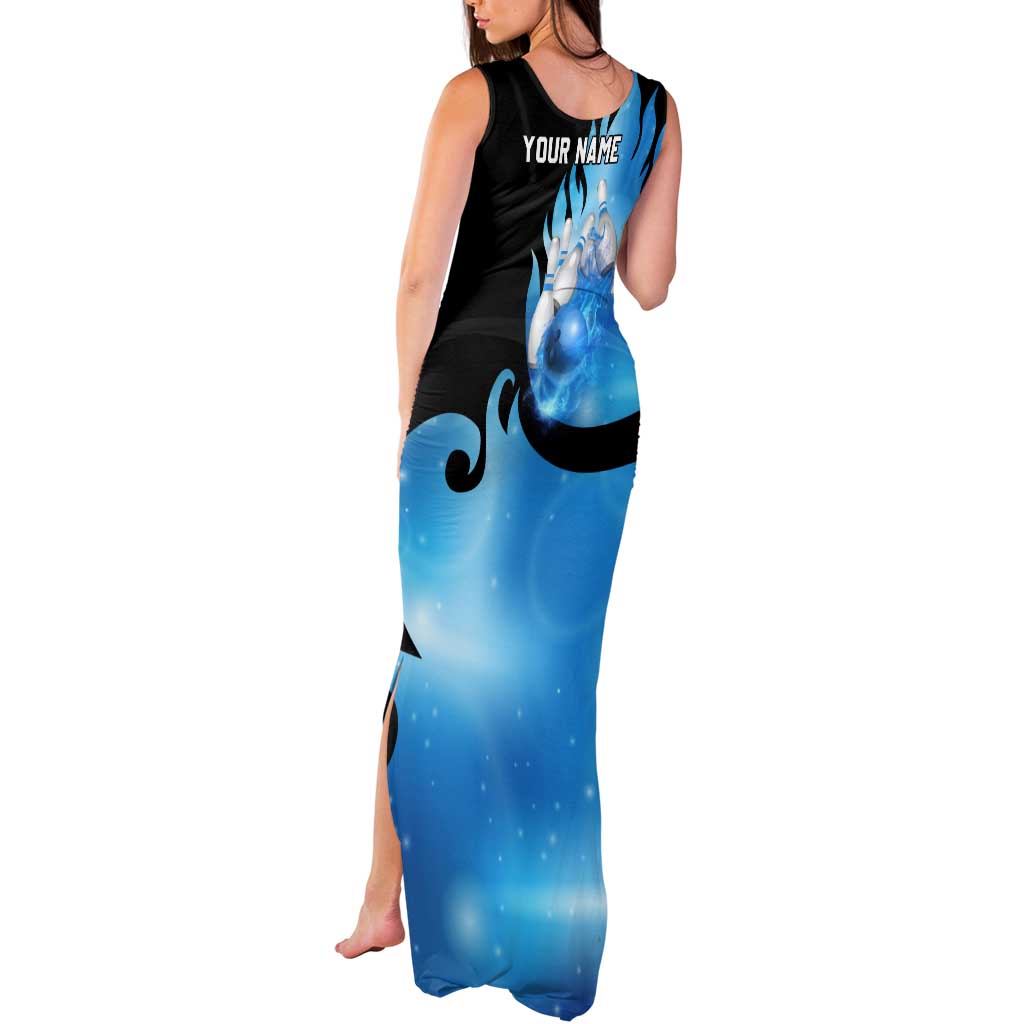 Blue Flame Bowling Ball and Pins Design Tank Maxi Dress with Smoke Effects and Custom Team Name Text - Wonder Print Shop