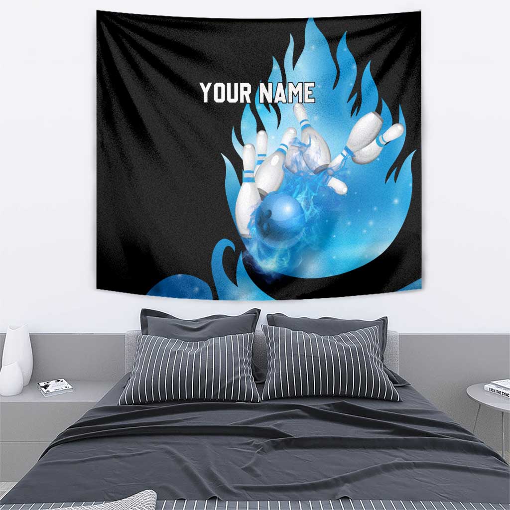 Blue Flame Bowling Ball and Pins Design Tapestry with Smoke Effects and Custom Team Name Text - Wonder Print Shop