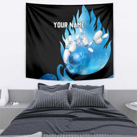 Blue Flame Bowling Ball and Pins Design Tapestry with Smoke Effects and Custom Team Name Text - Wonder Print Shop