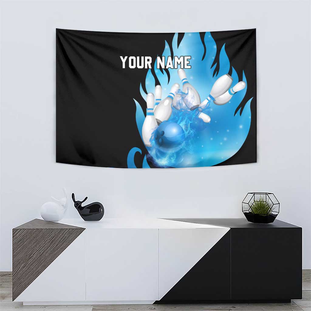 Blue Flame Bowling Ball and Pins Design Tapestry with Smoke Effects and Custom Team Name Text - Wonder Print Shop