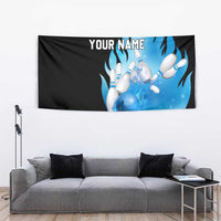 Blue Flame Bowling Ball and Pins Design Tapestry with Smoke Effects and Custom Team Name Text - Wonder Print Shop