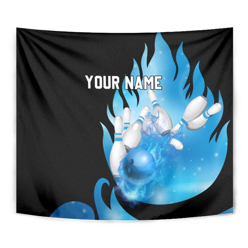 Blue Flame Bowling Ball and Pins Design Tapestry with Smoke Effects and Custom Team Name Text - Wonder Print Shop