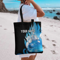 Blue Flame Bowling Ball and Pins Design Tote Bag with Smoke Effects and Custom Team Name Text - Wonder Print Shop
