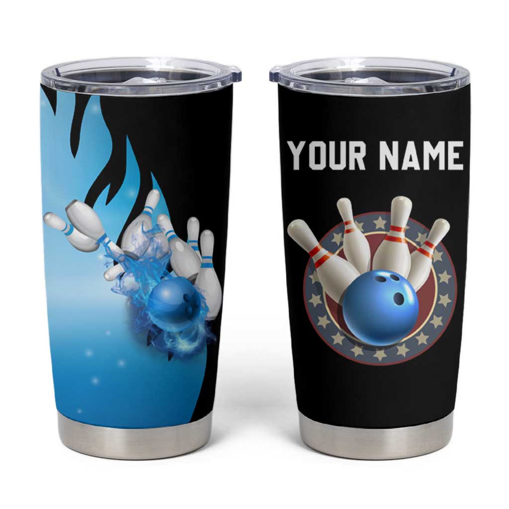 Blue Flame Bowling Ball and Pins Design Tumbler Cup with Smoke Effects and Custom Team Name Text - Wonder Print Shop