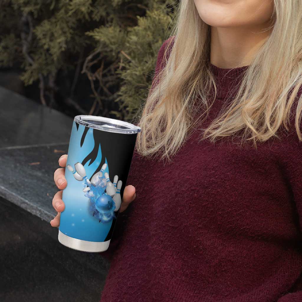 Blue Flame Bowling Ball and Pins Design Tumbler Cup with Smoke Effects and Custom Team Name Text - Wonder Print Shop