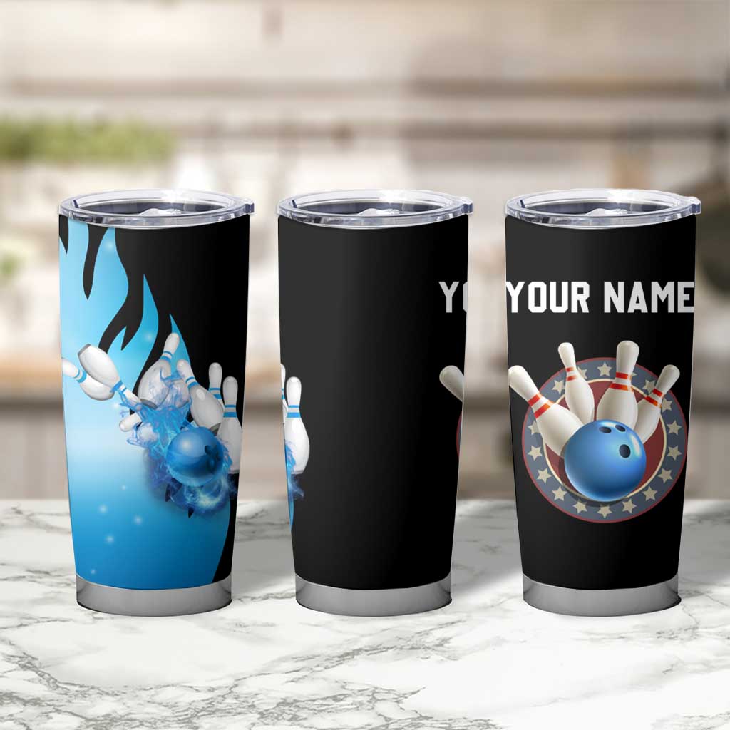 Blue Flame Bowling Ball and Pins Design Tumbler Cup with Smoke Effects and Custom Team Name Text - Wonder Print Shop