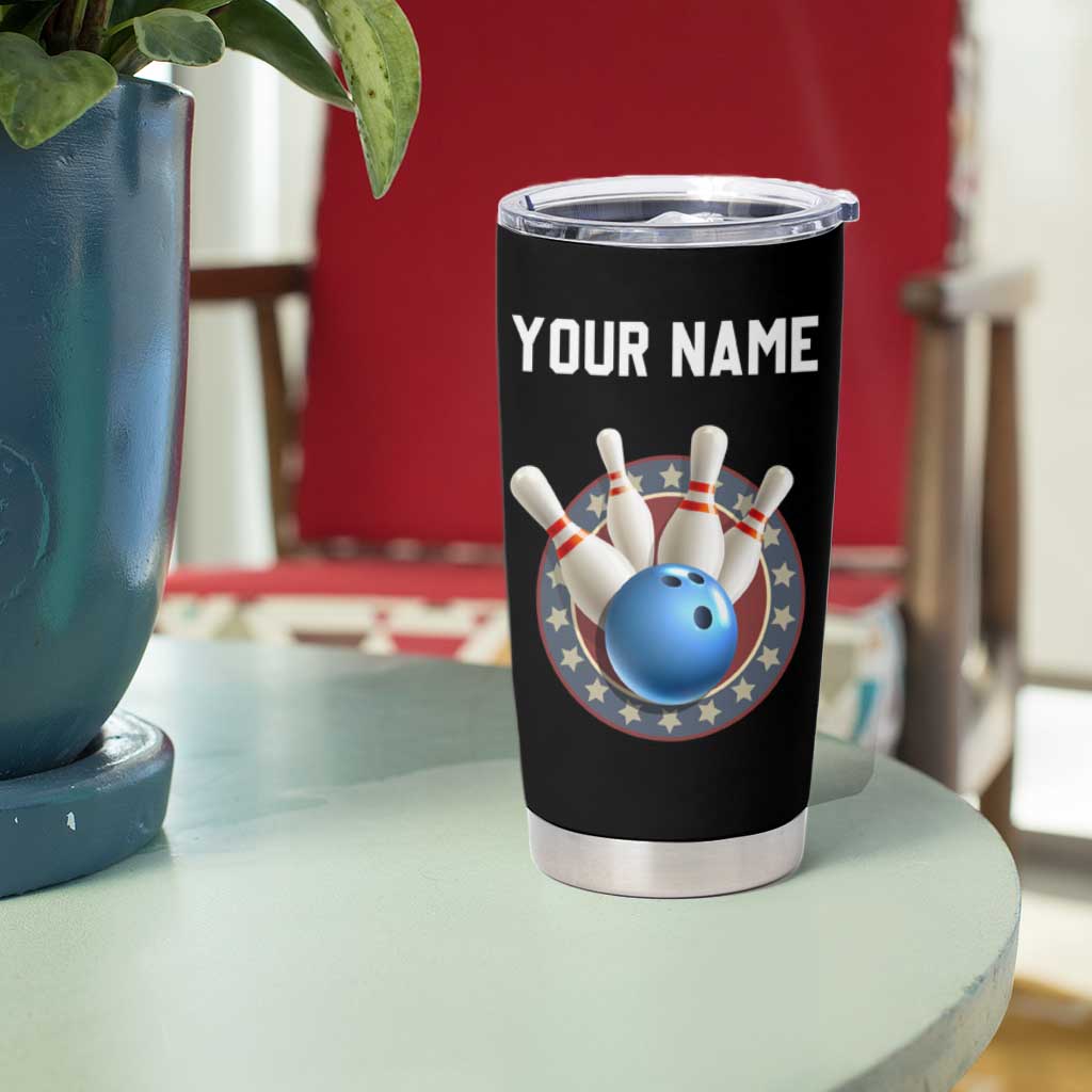 Blue Flame Bowling Ball and Pins Design Tumbler Cup with Smoke Effects and Custom Team Name Text - Wonder Print Shop