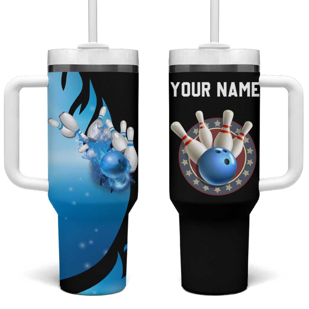 Blue Flame Bowling Ball and Pins Design Tumbler With Handle with Smoke Effects and Custom Team Name Text - Wonder Print Shop
