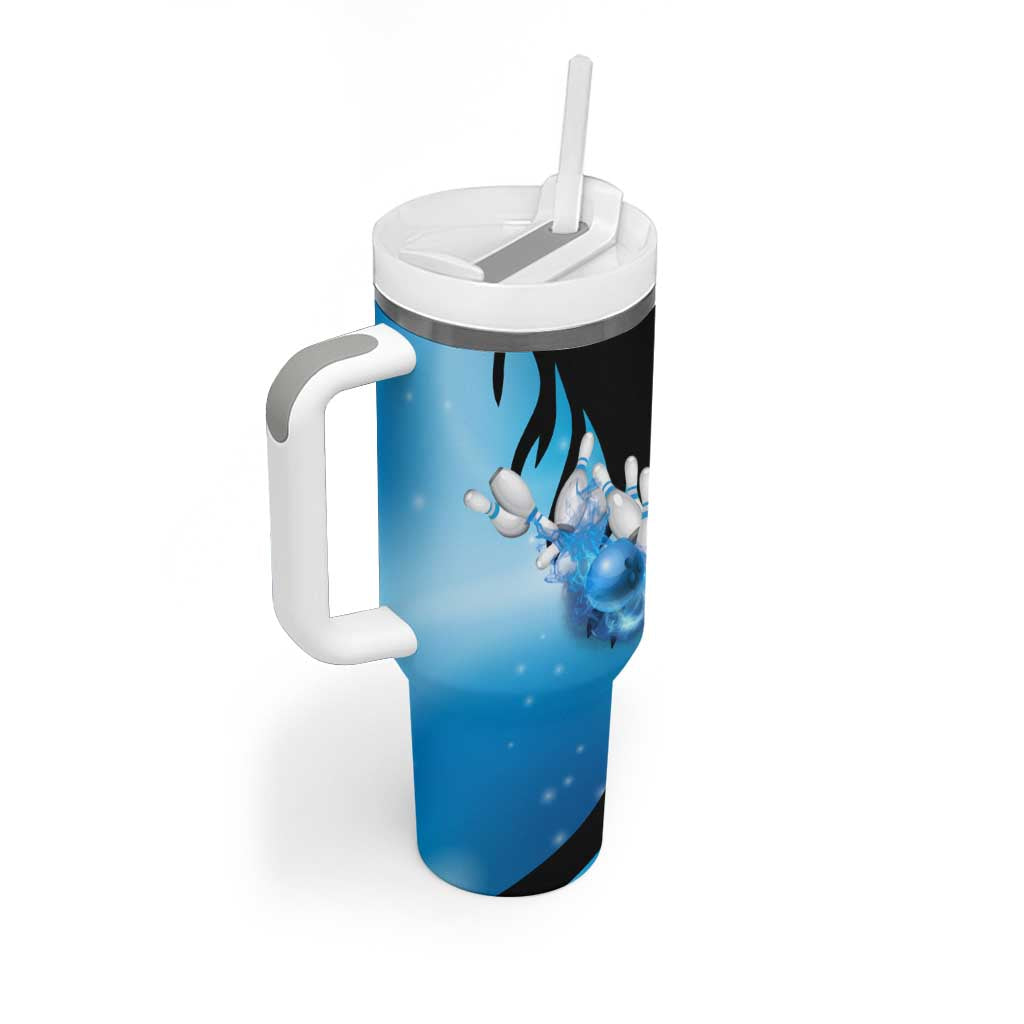 Blue Flame Bowling Ball and Pins Design Tumbler With Handle with Smoke Effects and Custom Team Name Text - Wonder Print Shop