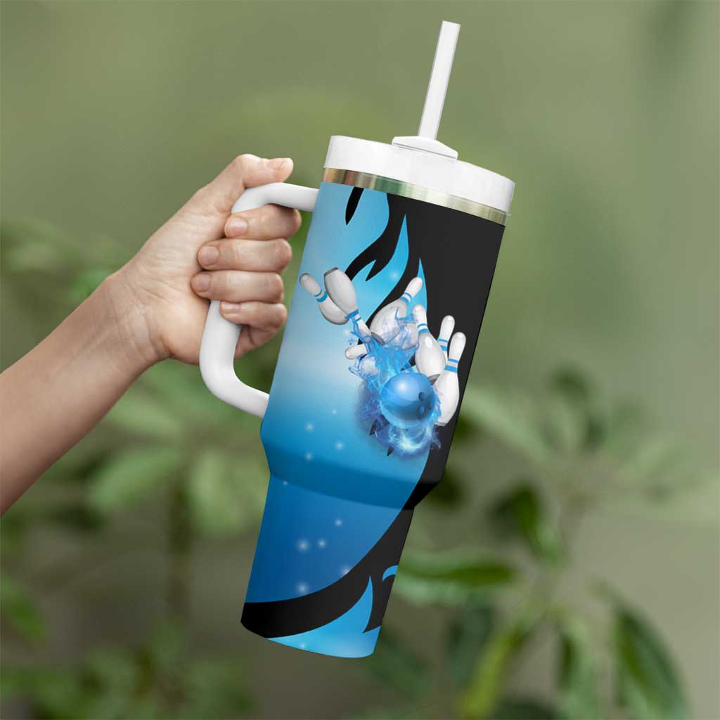 Blue Flame Bowling Ball and Pins Design Tumbler With Handle with Smoke Effects and Custom Team Name Text - Wonder Print Shop
