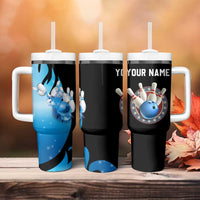 Blue Flame Bowling Ball and Pins Design Tumbler With Handle with Smoke Effects and Custom Team Name Text - Wonder Print Shop