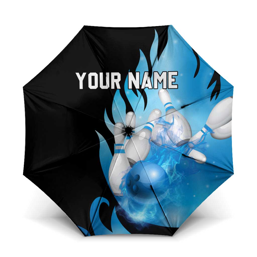 Blue Flame Bowling Ball and Pins Design Umbrella with Smoke Effects and Custom Team Name Text - Wonder Print Shop