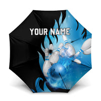 Blue Flame Bowling Ball and Pins Design Umbrella with Smoke Effects and Custom Team Name Text - Wonder Print Shop