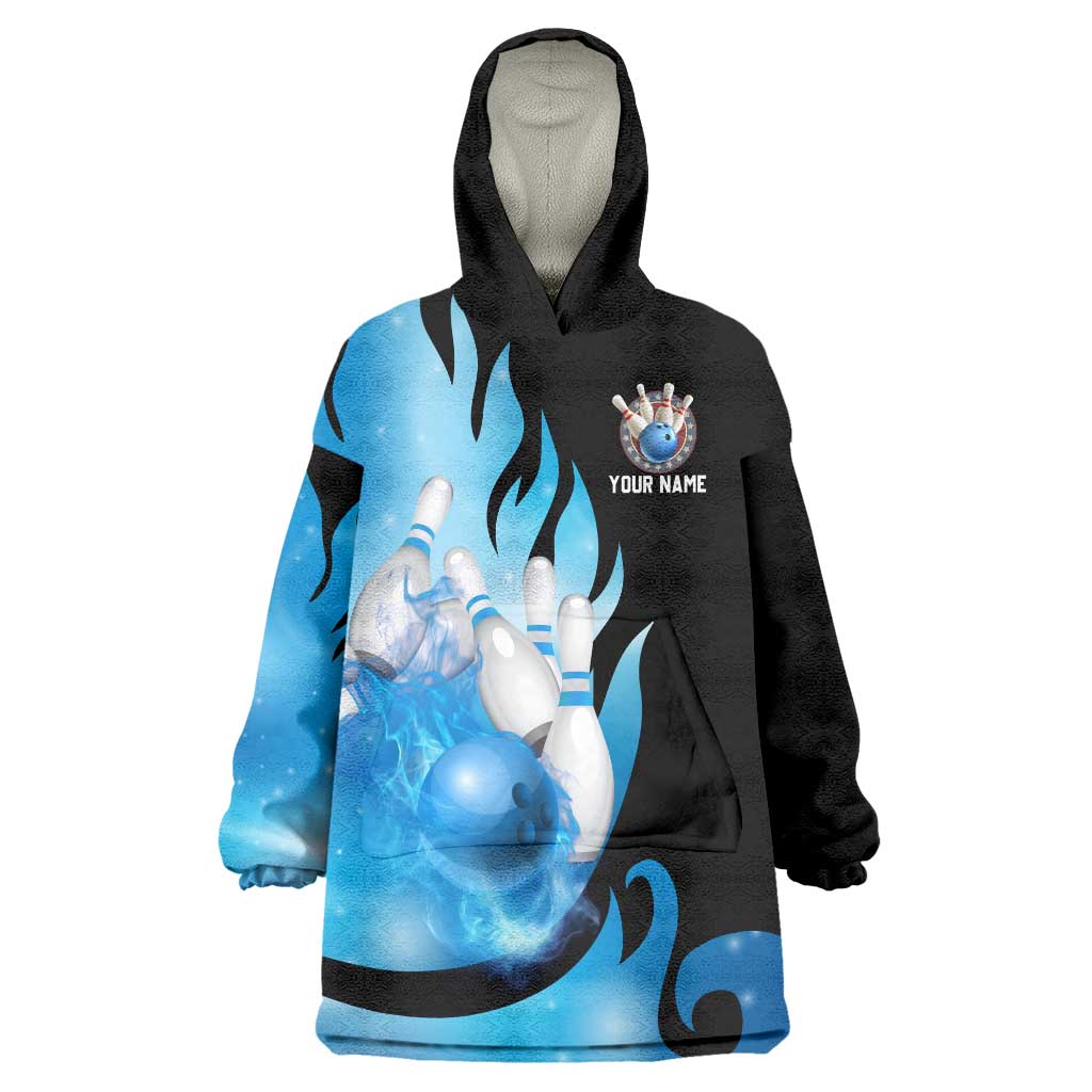 Blue Flame Bowling Ball and Pins Design Wearable Blanket Hoodie with Smoke Effects and Custom Team Name Text - Wonder Print Shop