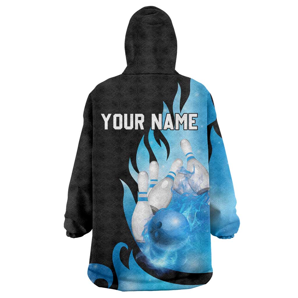 Blue Flame Bowling Ball and Pins Design Wearable Blanket Hoodie with Smoke Effects and Custom Team Name Text - Wonder Print Shop