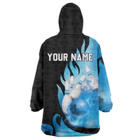 Blue Flame Bowling Ball and Pins Design Wearable Blanket Hoodie with Smoke Effects and Custom Team Name Text - Wonder Print Shop