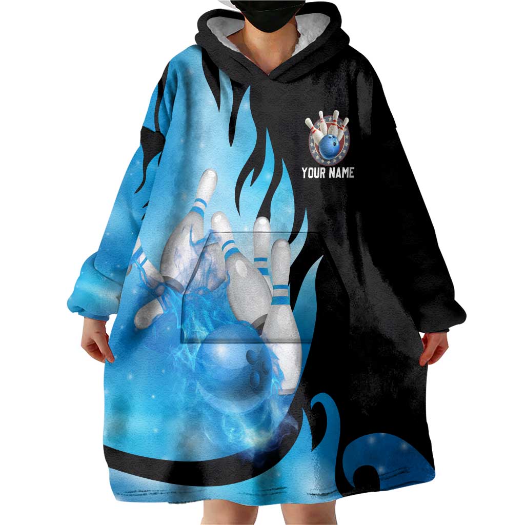 Blue Flame Bowling Ball and Pins Design Wearable Blanket Hoodie with Smoke Effects and Custom Team Name Text - Wonder Print Shop
