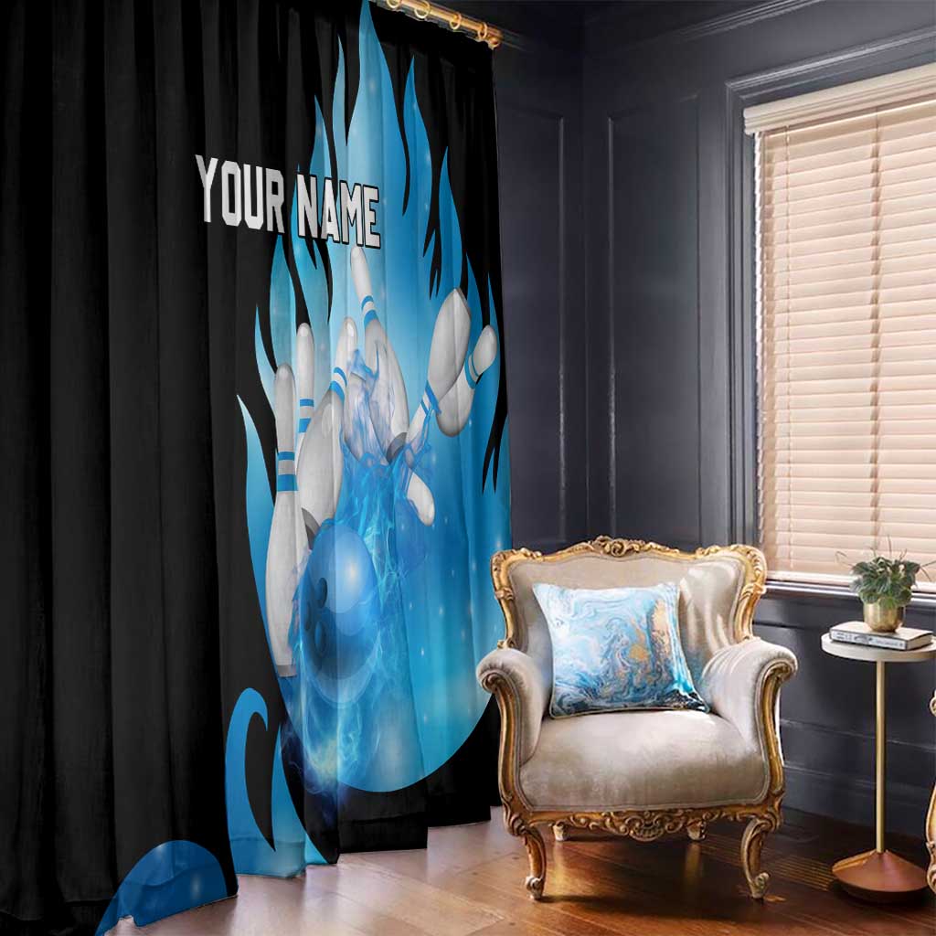 Blue Flame Bowling Ball and Pins Design Window Curtain with Smoke Effects and Custom Team Name Text - Wonder Print Shop