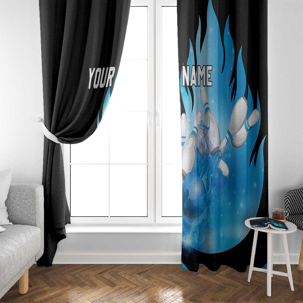 Blue Flame Bowling Ball and Pins Design Window Curtain with Smoke Effects and Custom Team Name Text - Wonder Print Shop