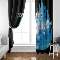 Blue Flame Bowling Ball and Pins Design Window Curtain with Smoke Effects and Custom Team Name Text - Wonder Print Shop