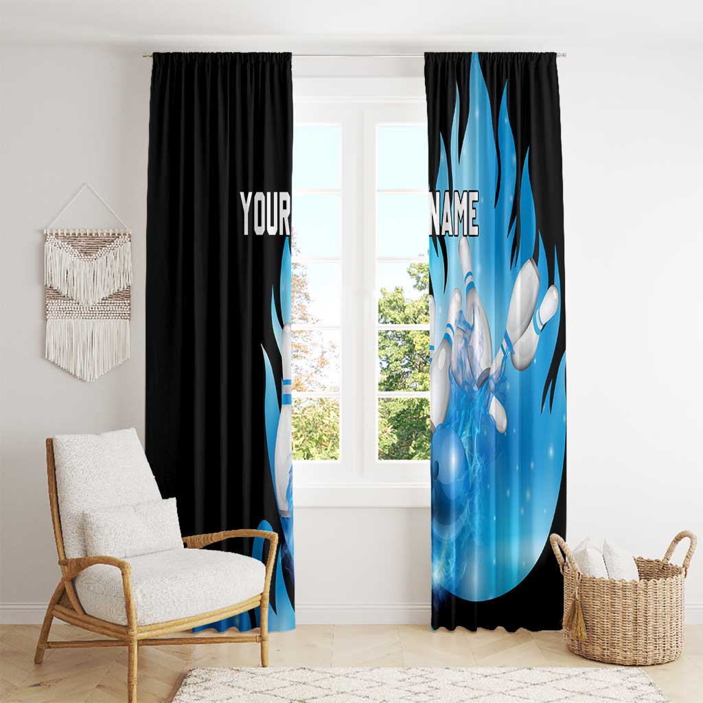 Blue Flame Bowling Ball and Pins Design Window Curtain with Smoke Effects and Custom Team Name Text - Wonder Print Shop