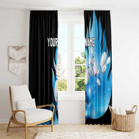 Blue Flame Bowling Ball and Pins Design Window Curtain with Smoke Effects and Custom Team Name Text - Wonder Print Shop