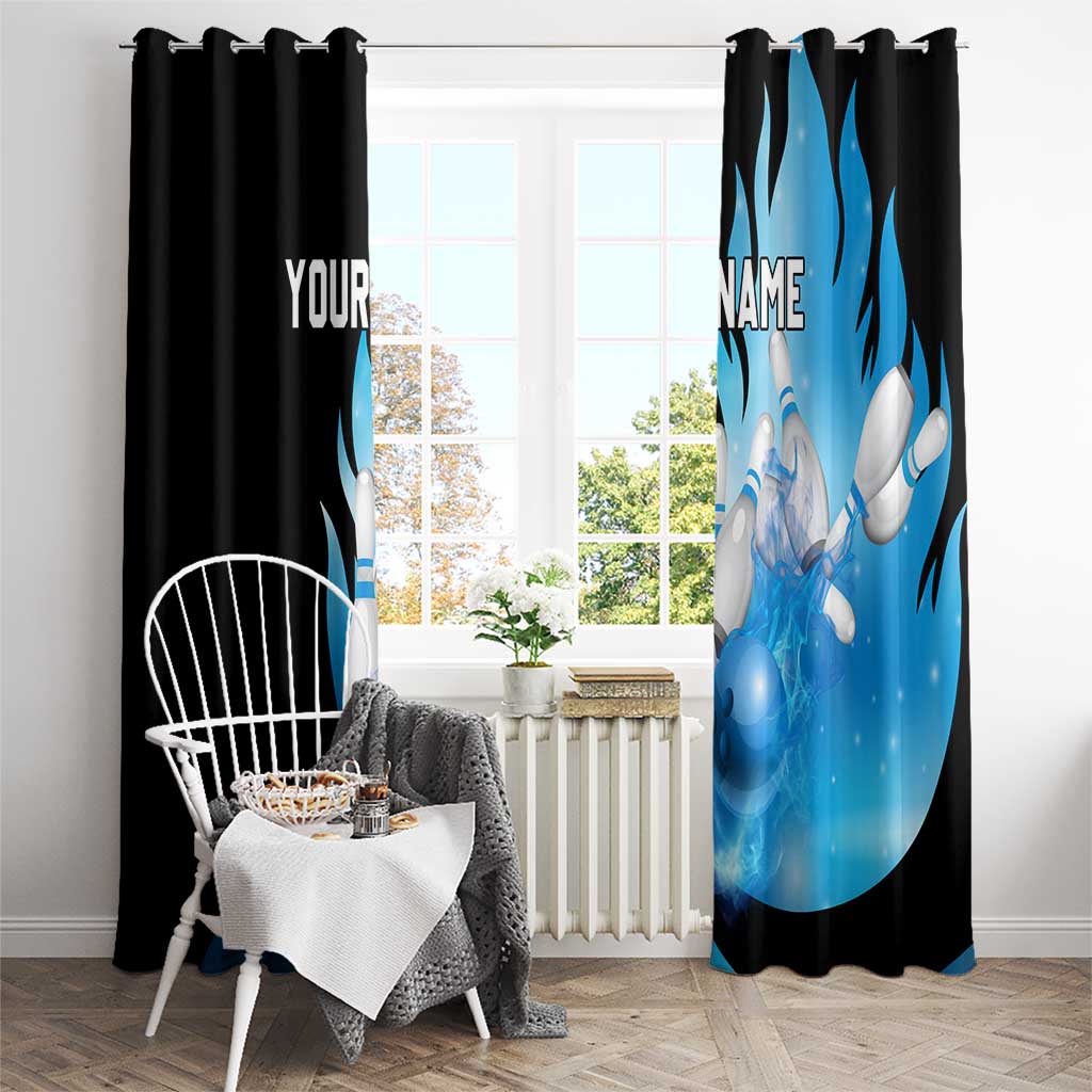 Blue Flame Bowling Ball and Pins Design Window Curtain with Smoke Effects and Custom Team Name Text - Wonder Print Shop