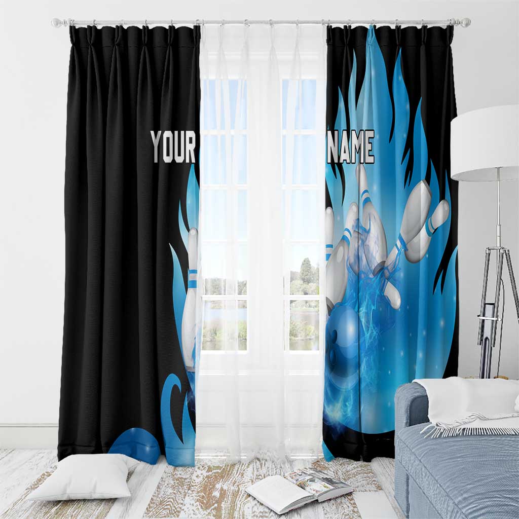 Blue Flame Bowling Ball and Pins Design Window Curtain with Smoke Effects and Custom Team Name Text - Wonder Print Shop