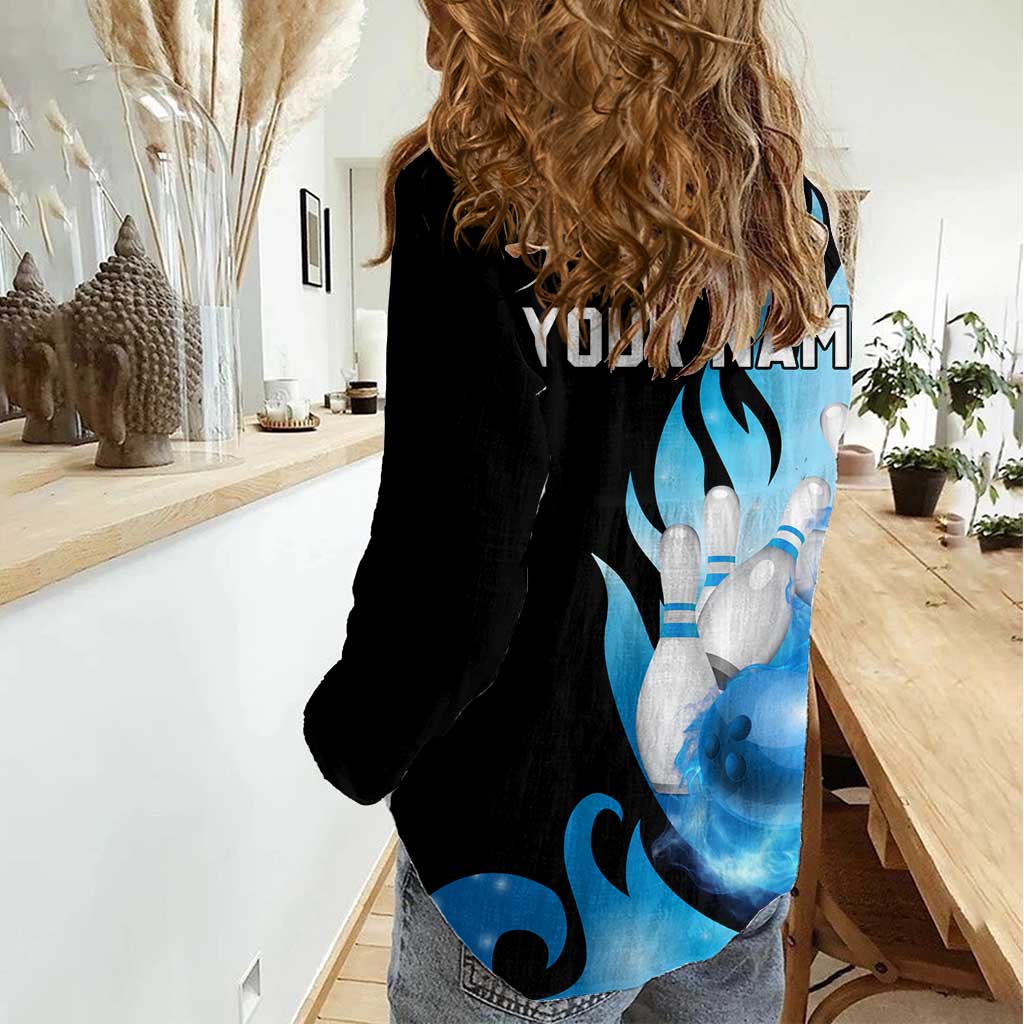 Blue Flame Bowling Ball and Pins Design Women Casual Shirt with Smoke Effects and Custom Team Name Text - Wonder Print Shop