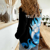 Blue Flame Bowling Ball and Pins Design Women Casual Shirt with Smoke Effects and Custom Team Name Text - Wonder Print Shop