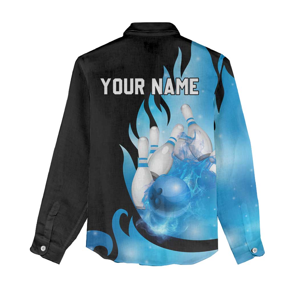 Blue Flame Bowling Ball and Pins Design Women Casual Shirt with Smoke Effects and Custom Team Name Text - Wonder Print Shop