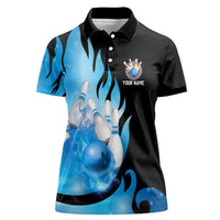 Blue Flame Bowling Ball and Pins Design Women Polo Shirt with Smoke Effects and Custom Team Name Text - Wonder Print Shop