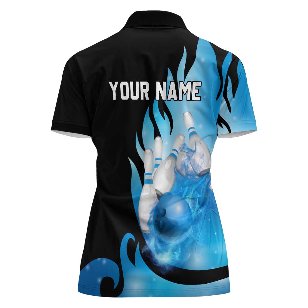 Blue Flame Bowling Ball and Pins Design Women Polo Shirt with Smoke Effects and Custom Team Name Text - Wonder Print Shop