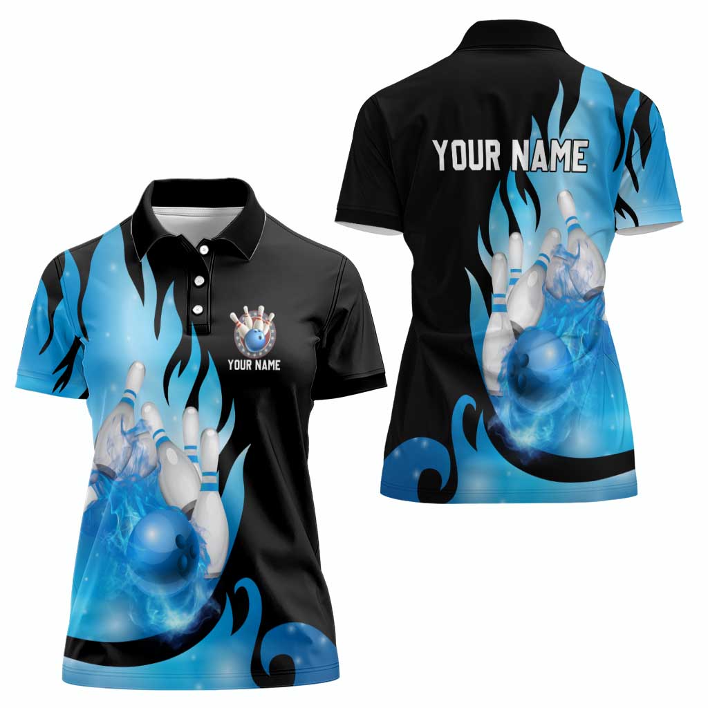 Blue Flame Bowling Ball and Pins Design Women Polo Shirt with Smoke Effects and Custom Team Name Text - Wonder Print Shop