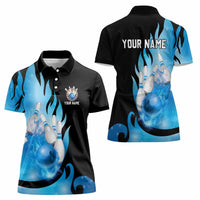 Blue Flame Bowling Ball and Pins Design Women Polo Shirt with Smoke Effects and Custom Team Name Text - Wonder Print Shop