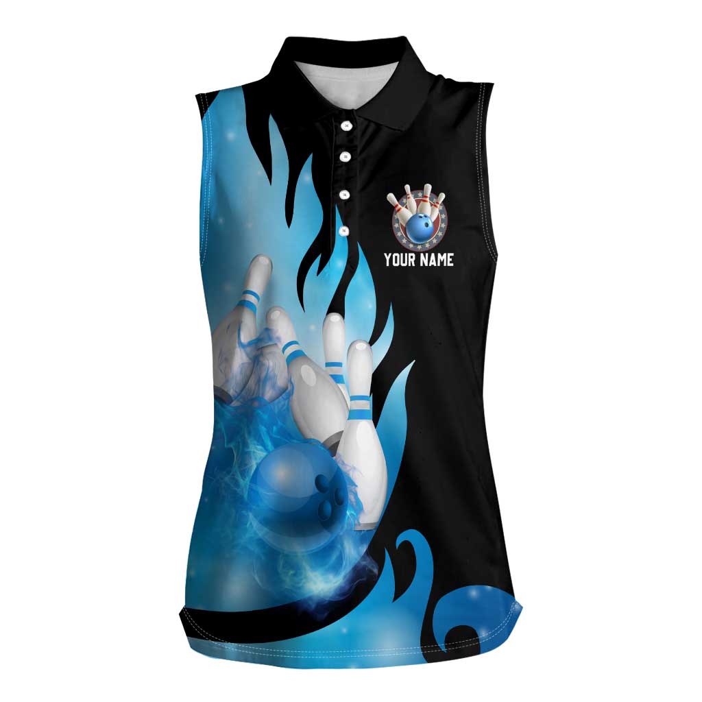 Blue Flame Bowling Ball and Pins Design Women Sleeveless Polo Shirt with Smoke Effects and Custom Team Name Text - Wonder Print Shop