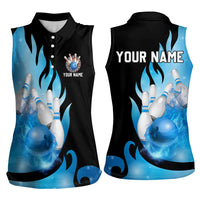 Blue Flame Bowling Ball and Pins Design Women Sleeveless Polo Shirt with Smoke Effects and Custom Team Name Text - Wonder Print Shop
