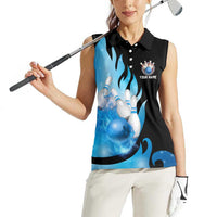 Blue Flame Bowling Ball and Pins Design Women Sleeveless Polo Shirt with Smoke Effects and Custom Team Name Text - Wonder Print Shop