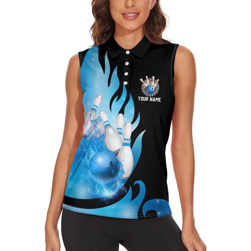 Blue Flame Bowling Ball and Pins Design Women Sleeveless Polo Shirt with Smoke Effects and Custom Team Name Text - Wonder Print Shop