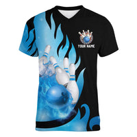 Blue Flame Bowling Ball and Pins Design Women V-Neck T-Shirt with Smoke Effects and Custom Team Name Text - Wonder Print Shop