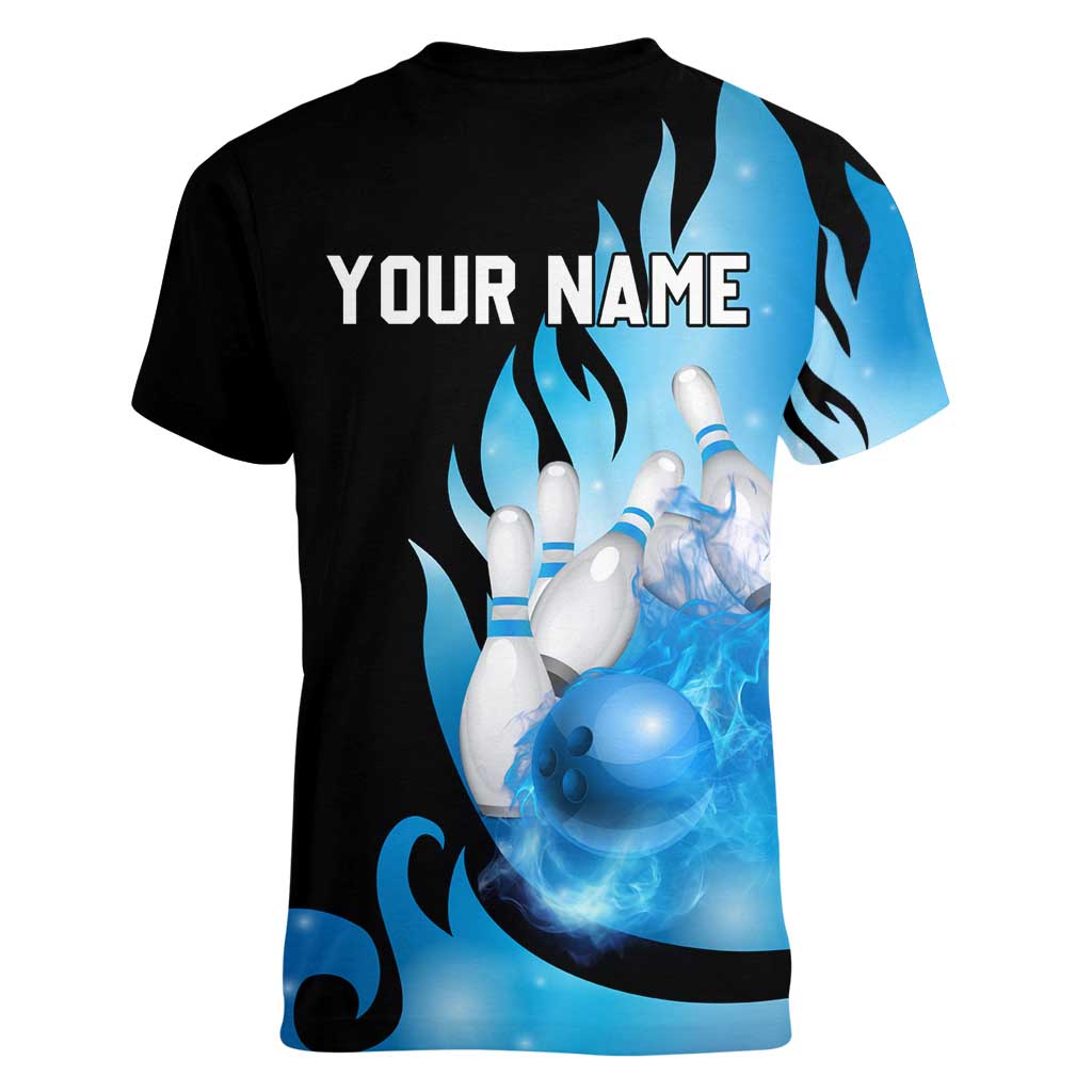 Blue Flame Bowling Ball and Pins Design Women V-Neck T-Shirt with Smoke Effects and Custom Team Name Text - Wonder Print Shop