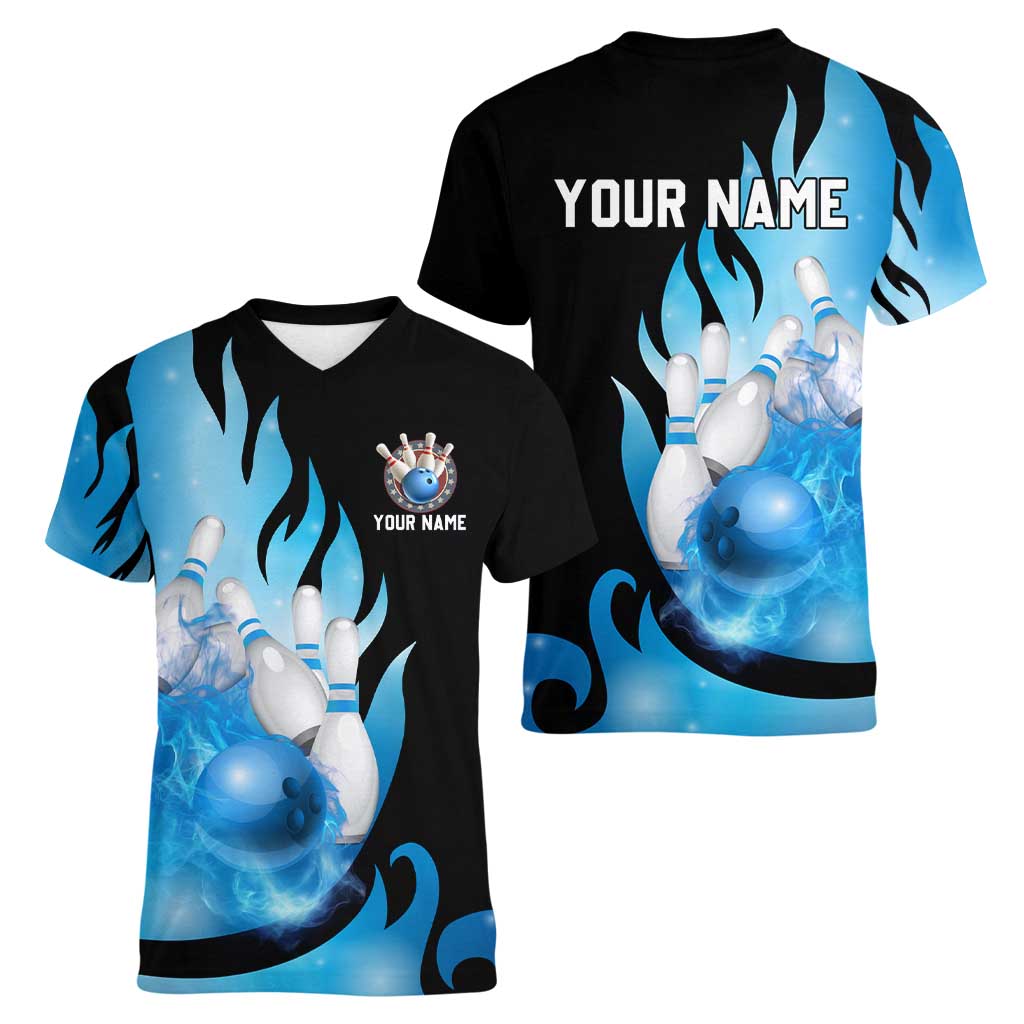 Blue Flame Bowling Ball and Pins Design Women V-Neck T-Shirt with Smoke Effects and Custom Team Name Text - Wonder Print Shop