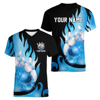 Blue Flame Bowling Ball and Pins Design Women V-Neck T-Shirt with Smoke Effects and Custom Team Name Text - Wonder Print Shop