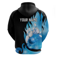 Blue Flame Bowling Ball and Pins Design Zip Hoodie with Smoke Effects and Custom Team Name Text - Wonder Print Shop