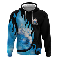 Blue Flame Bowling Ball and Pins Design Zip Hoodie with Smoke Effects and Custom Team Name Text - Wonder Print Shop
